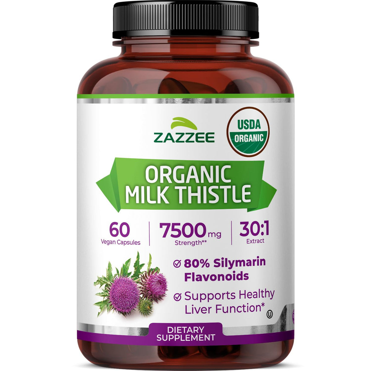 Flacon de Zazzee Extrait de Chardon-Marie Bio 30:1, 60 capsules