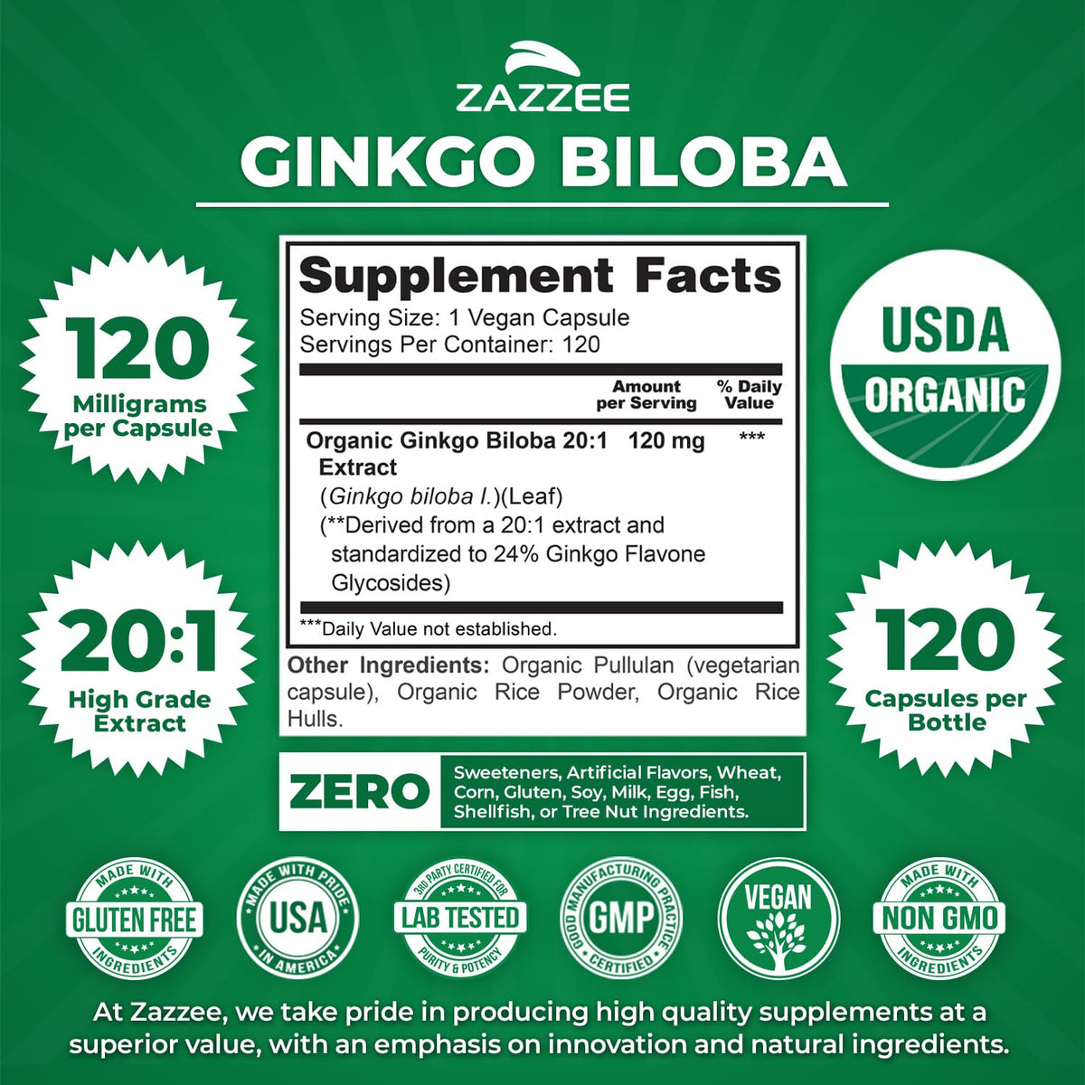 Flacon de Zazzee Extrait de Ginkgo Biloba avec étiquette