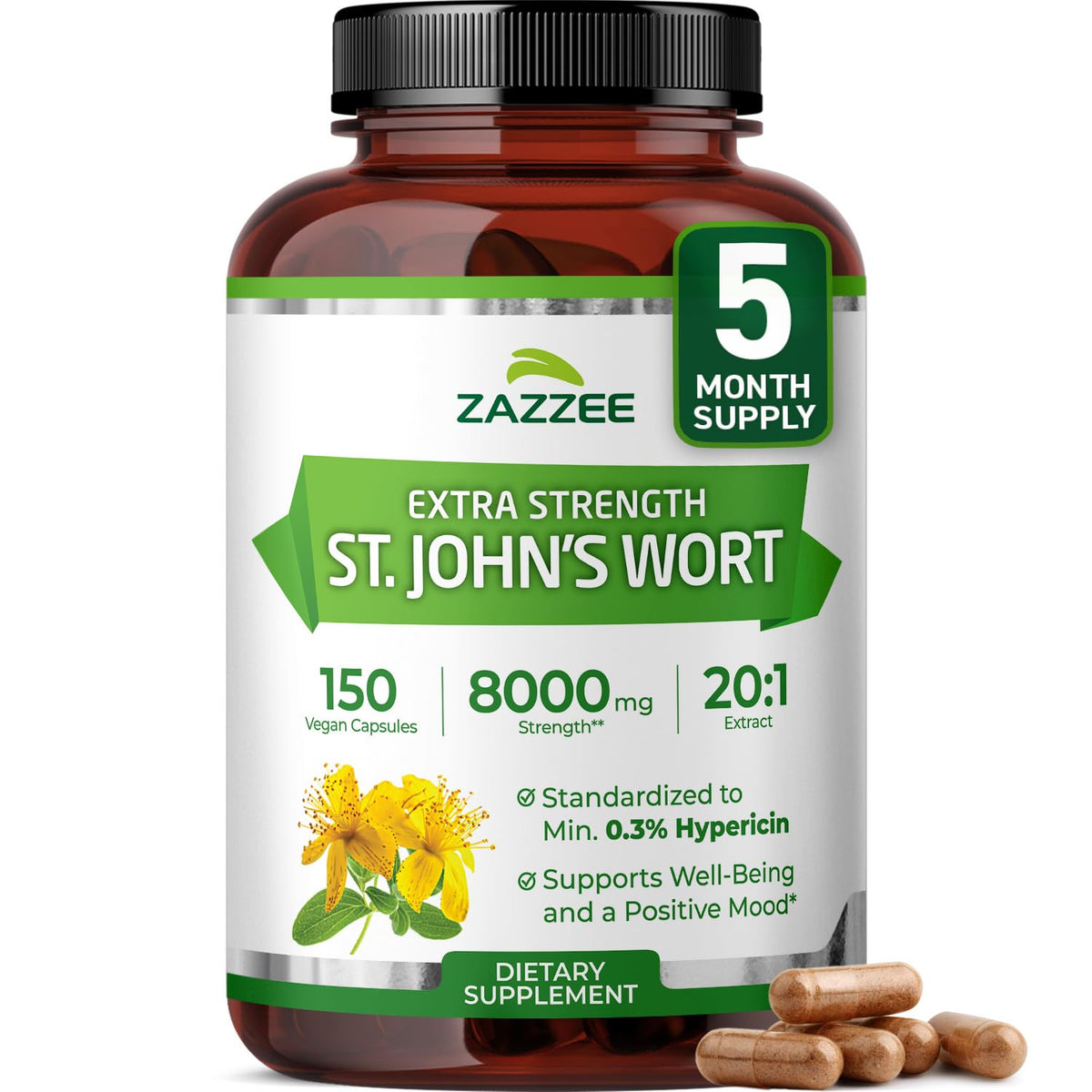Flacon de Zazzee extrait de millepertuis renforcé 20:1 avec 150 capsules