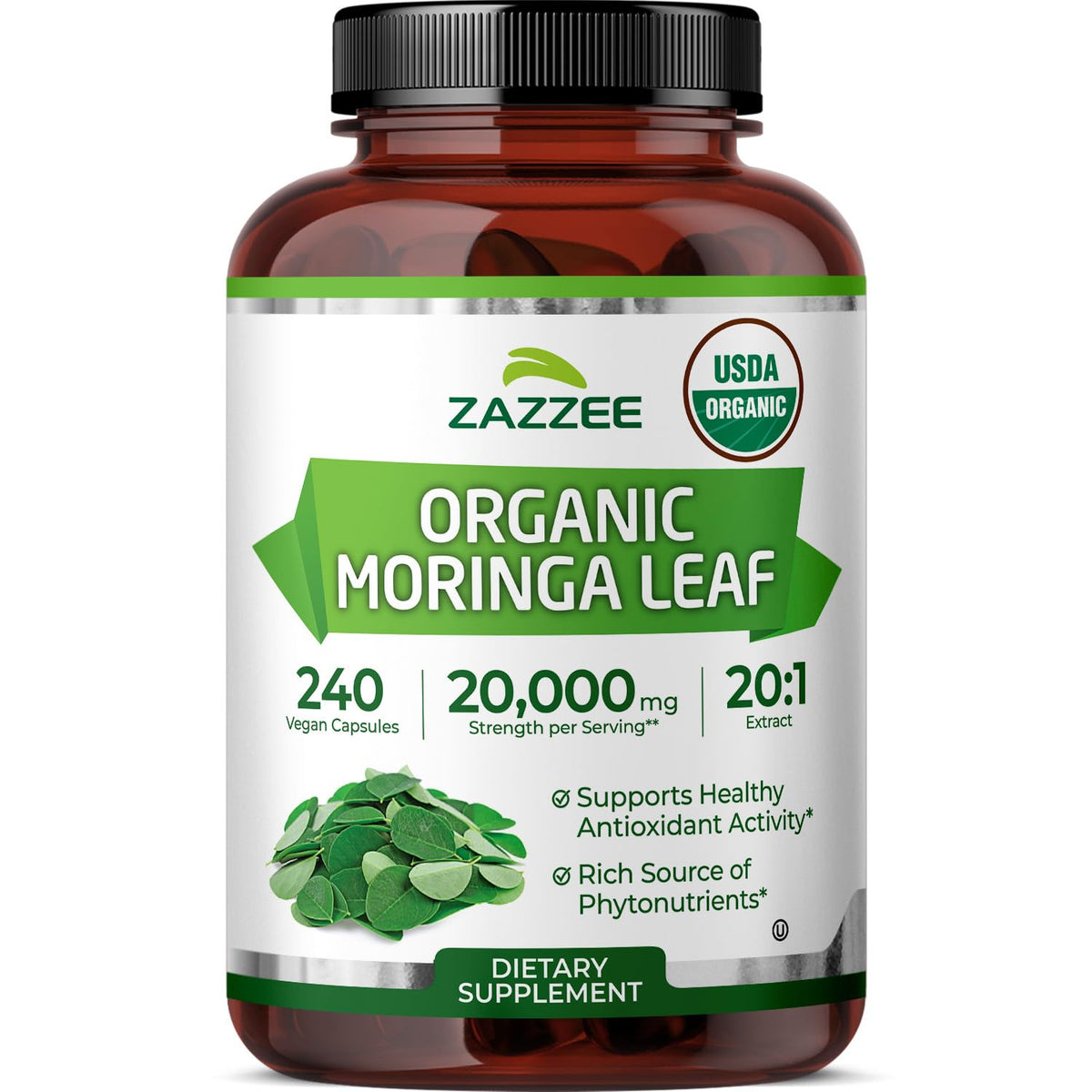 Flacon de Zazzee Extrait de Moringa Bio 20:1 240 capsules vue avant