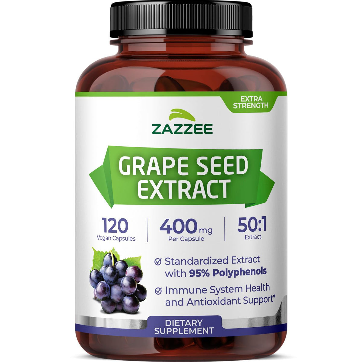 Flacon de Zazzee Extrait de pépins de raisin 50:1 120 capsules