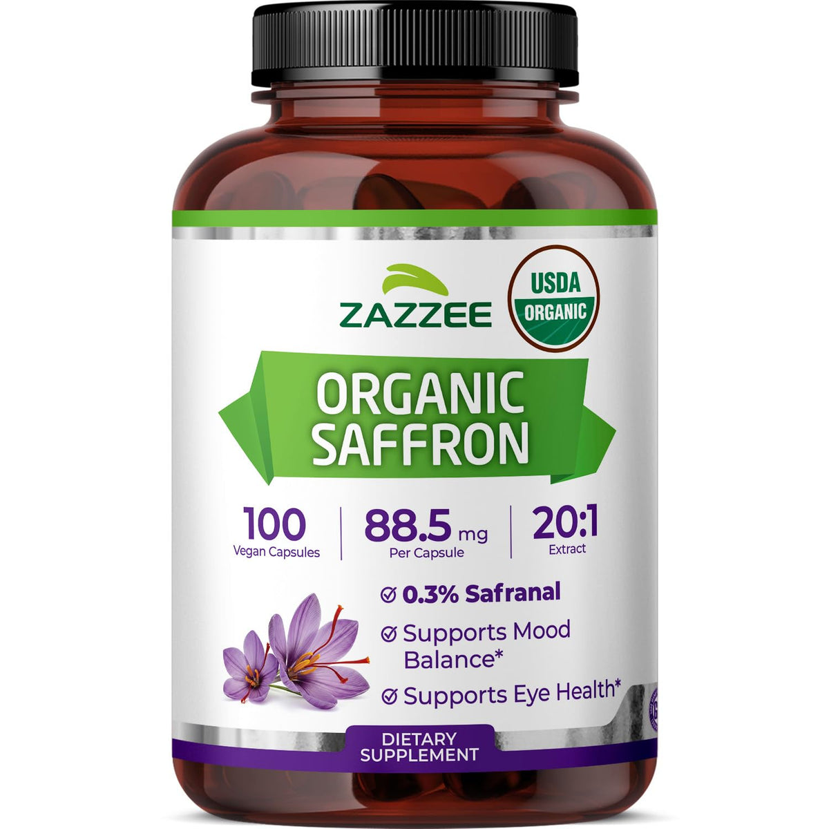 Flacon de Zazzee Extrait de Safran Bio 20:1 100 capsules