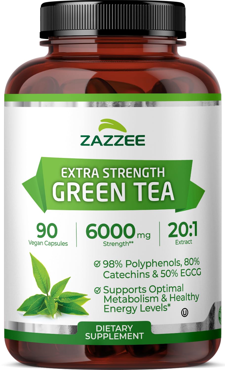Flacon de Zazzee Extrait de Thé Vert 20:1 90 Capsules Végétaliennes