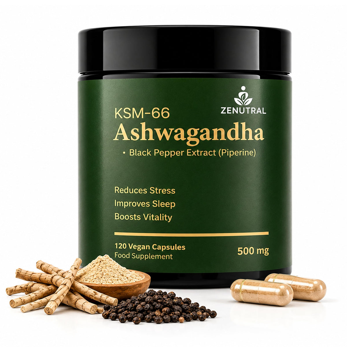 Flacon de Zenutral KSM-66 Ashwagandha 500mg avec 120 capsules