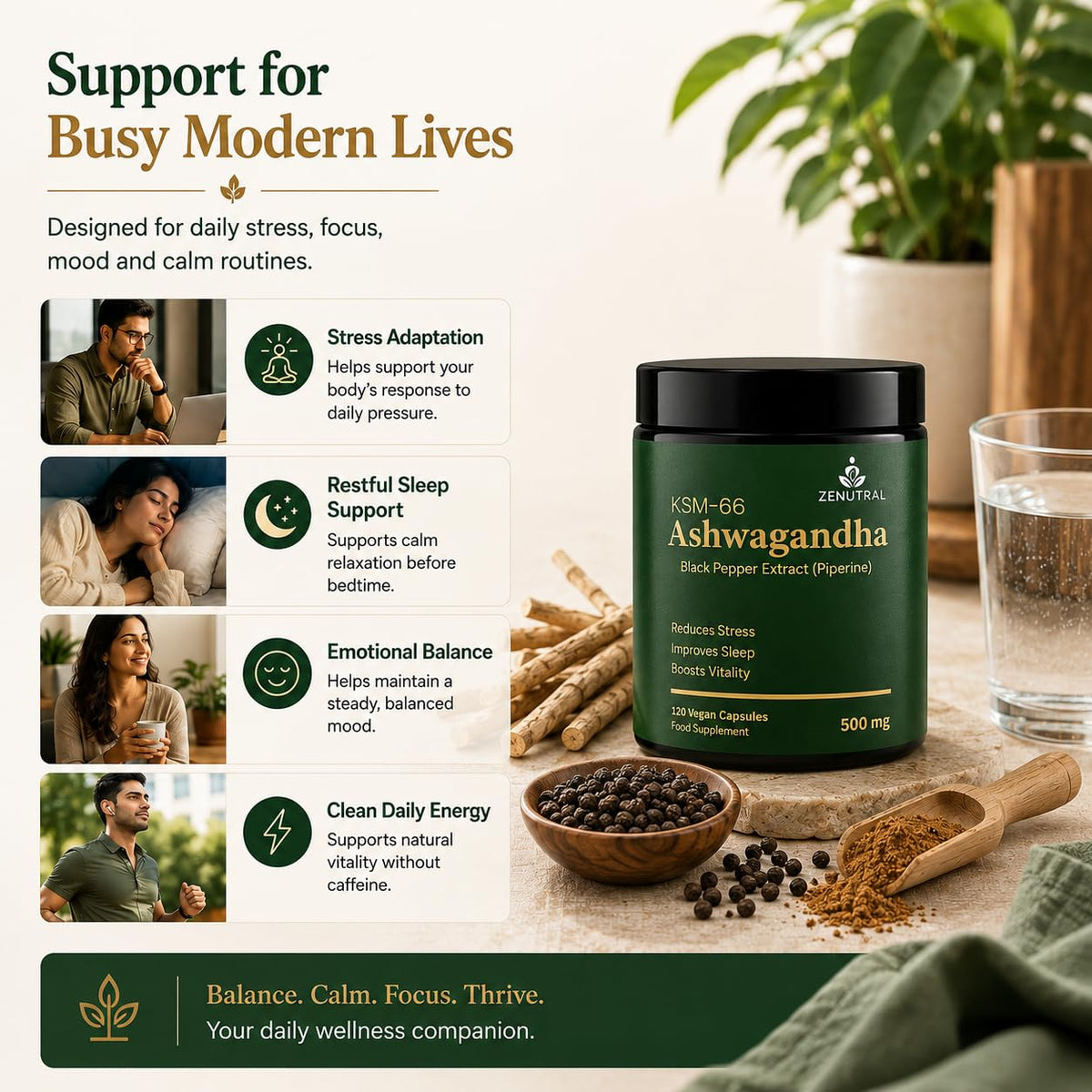 Flacon de Zenutral KSM-66 Ashwagandha ouvert avec capsules visibles