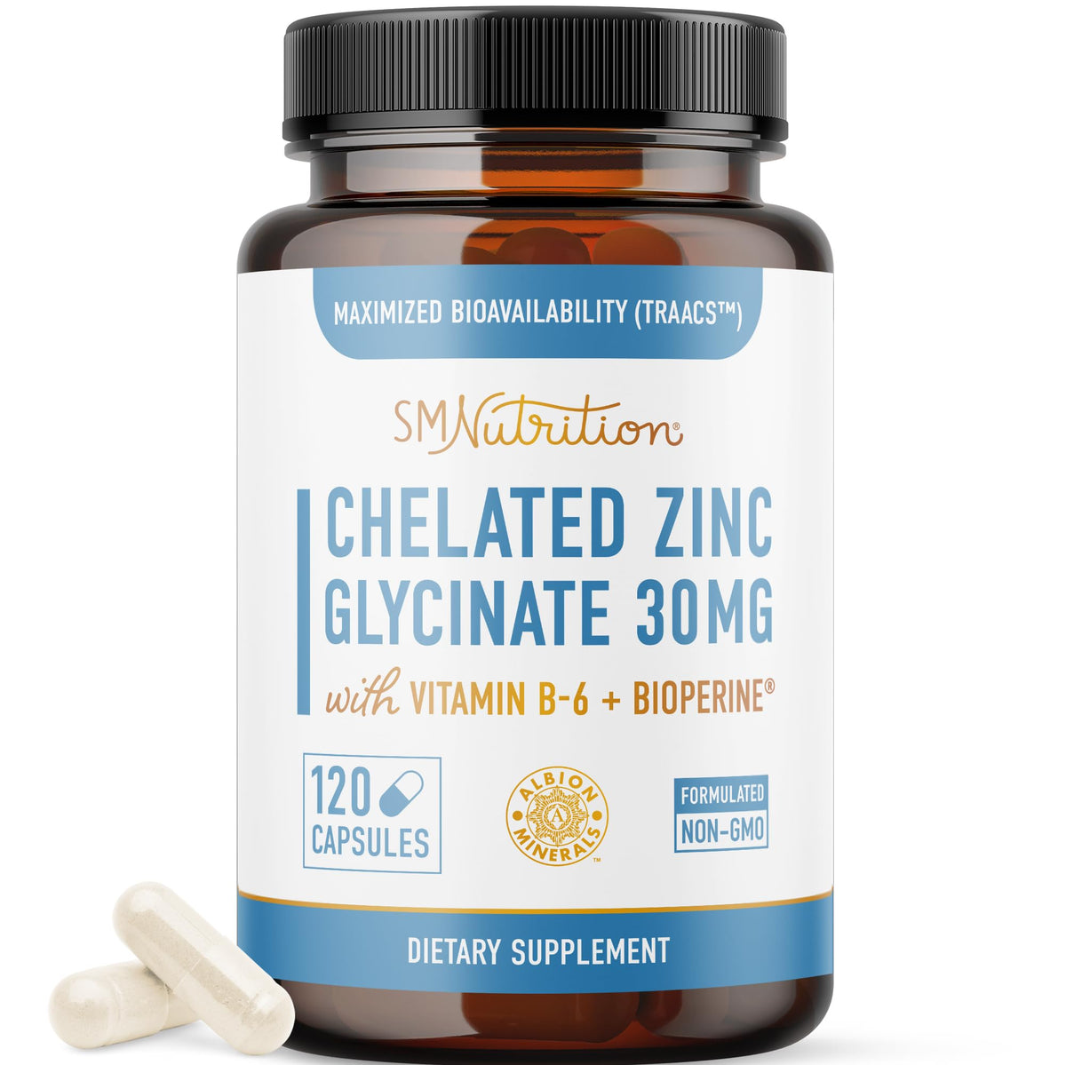 Flacon de Zinc Chélaté 30mg SMNutrition vue de face
