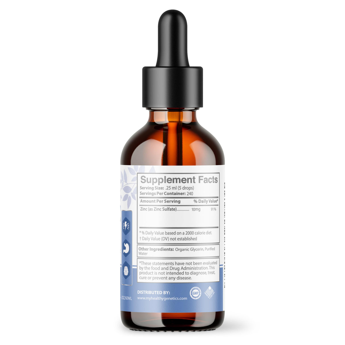 Flacon de zinc liquide Healthy Genetics, vue de côté