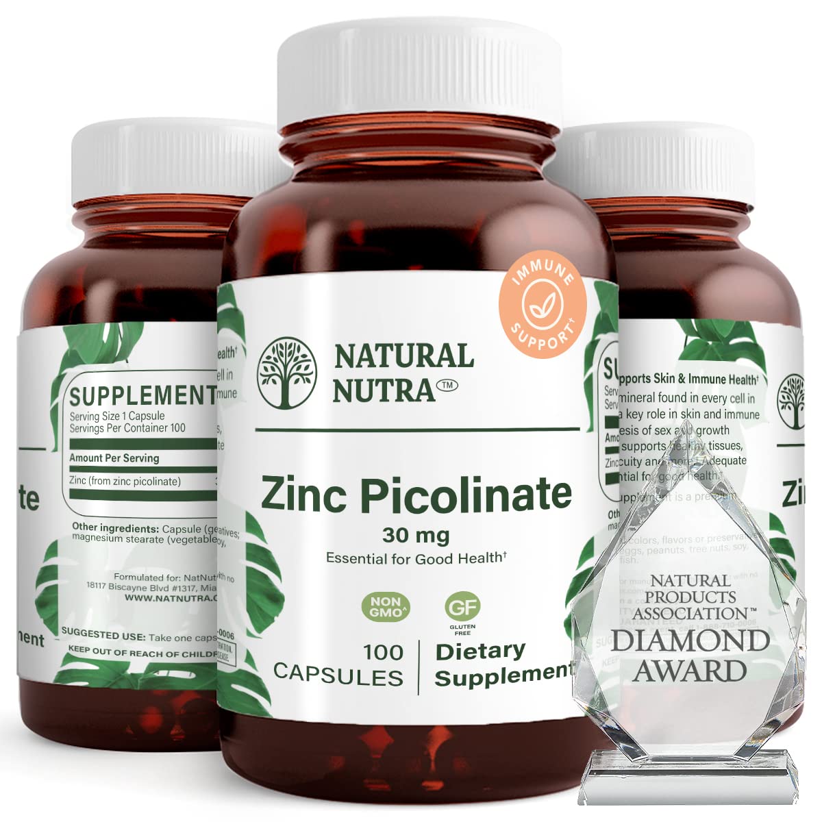 Flacon de Zinc Picolinate Natural Nutra 30 mg contenant 100 capsules
