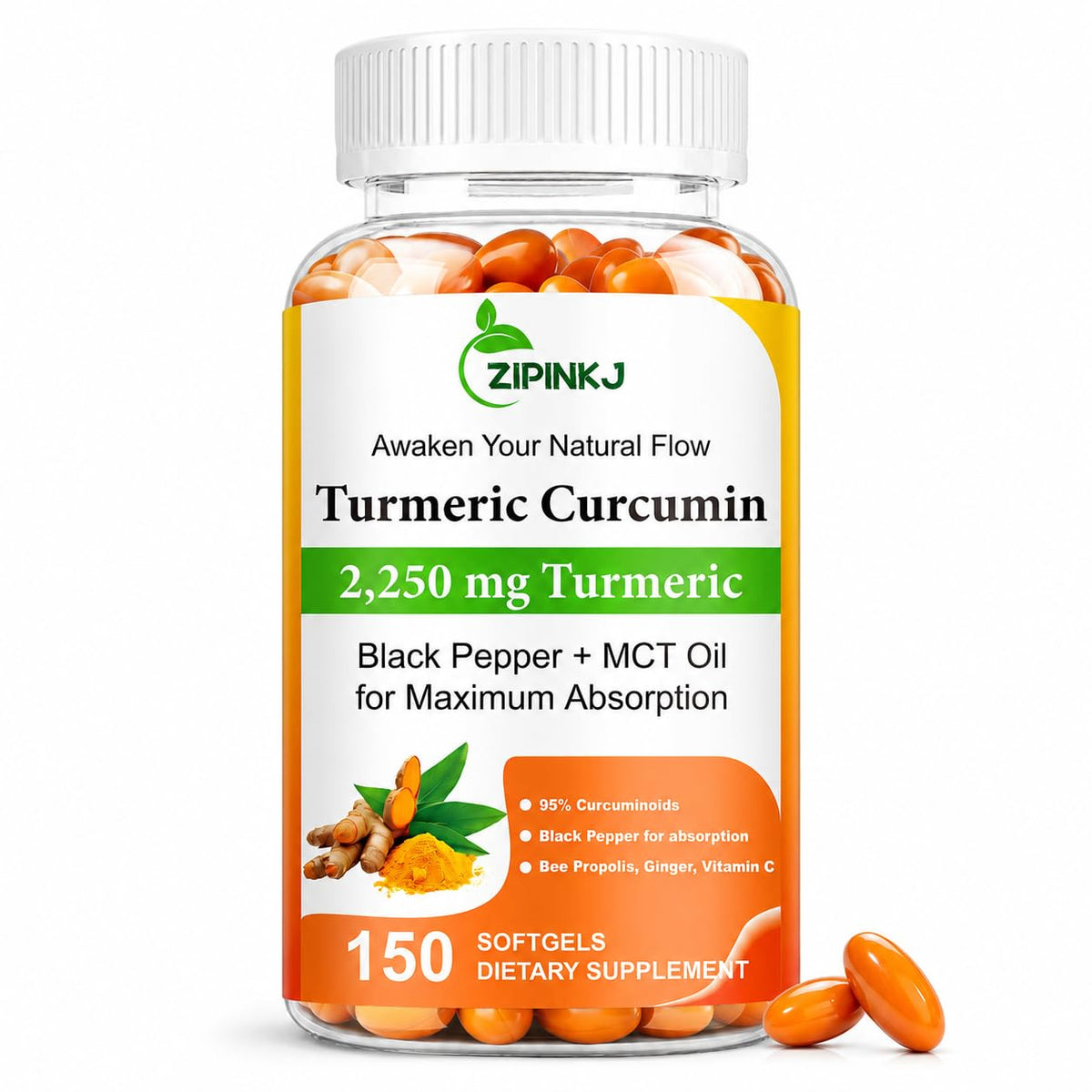 Flacon de ZIPINKJ Curcuma Curcumin 2250mg avec Poivre Noir et Gingembre