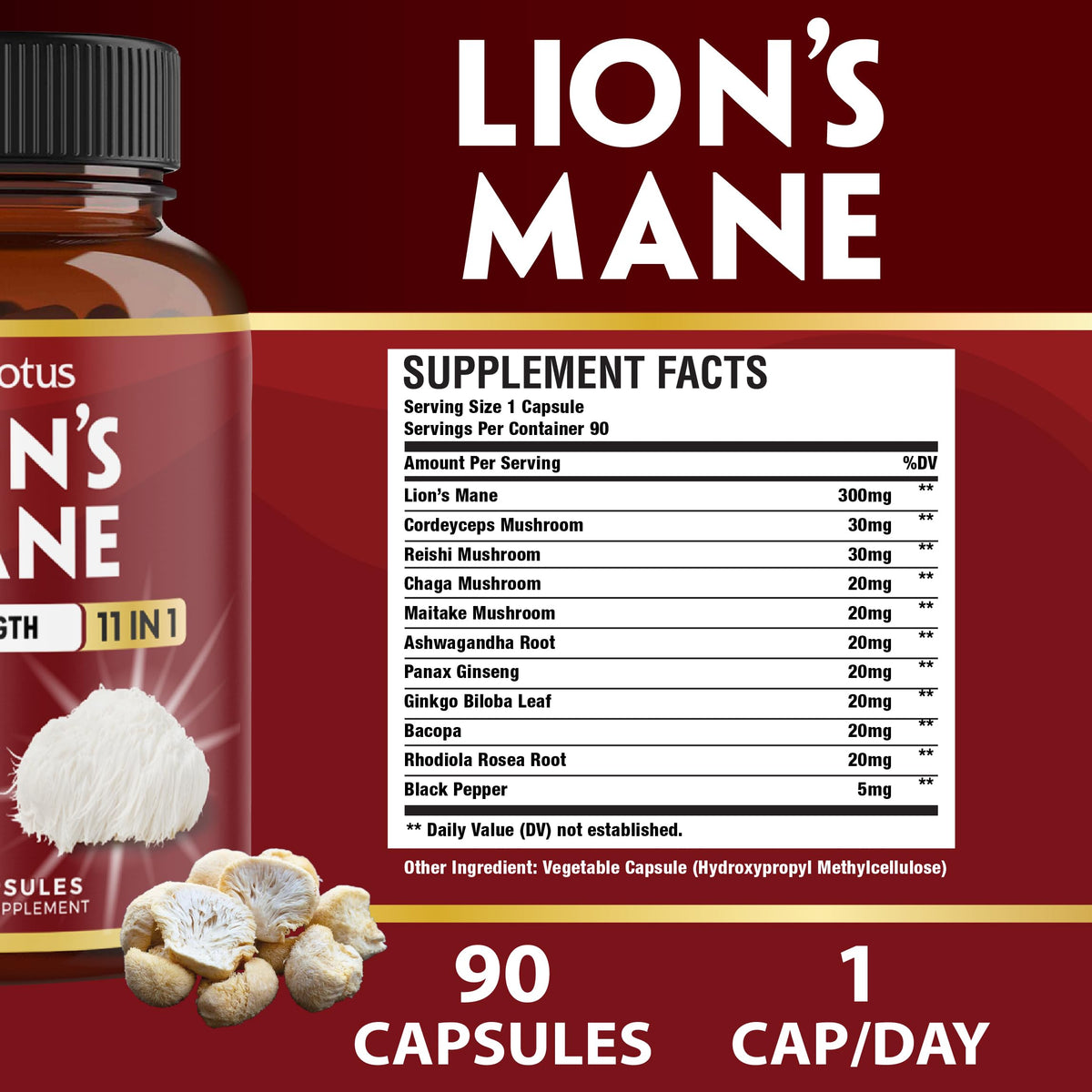 Flacon de Zolotus Gélules de Champignon Lion 11 en 1 avec étiquette