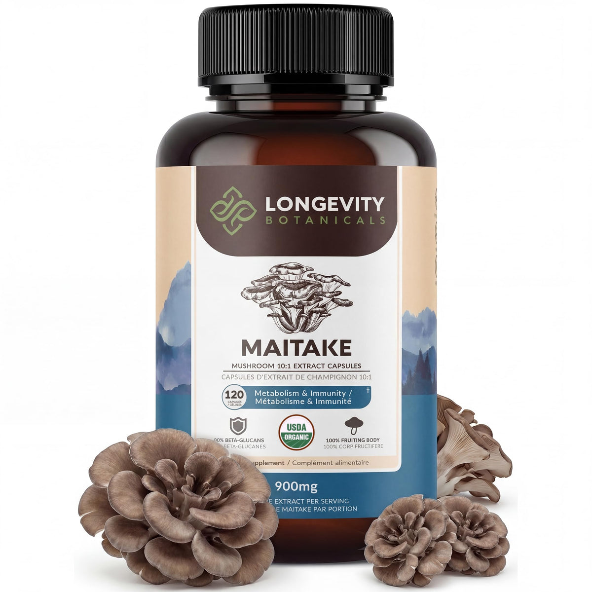 Flacon des capsules de champignons Maitake Longevity Botanicals