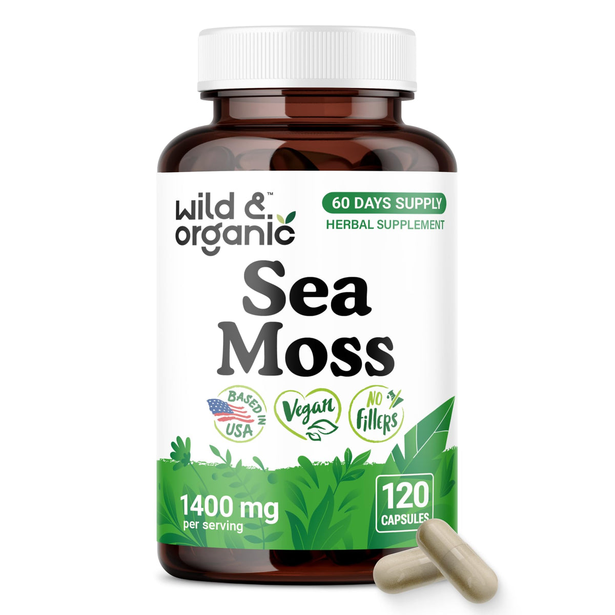 Flacon des capsules de mousse de mer Wild & Organic avec étiquette visible