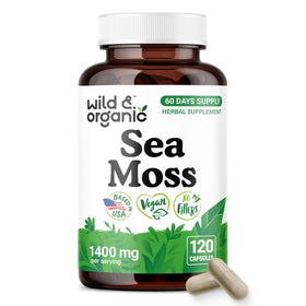 Flacon des capsules de mousse de mer Wild & Organic avec étiquette visible