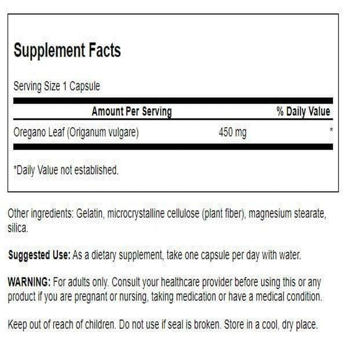 Flacon des capsules de Swanson Origan 450 mg