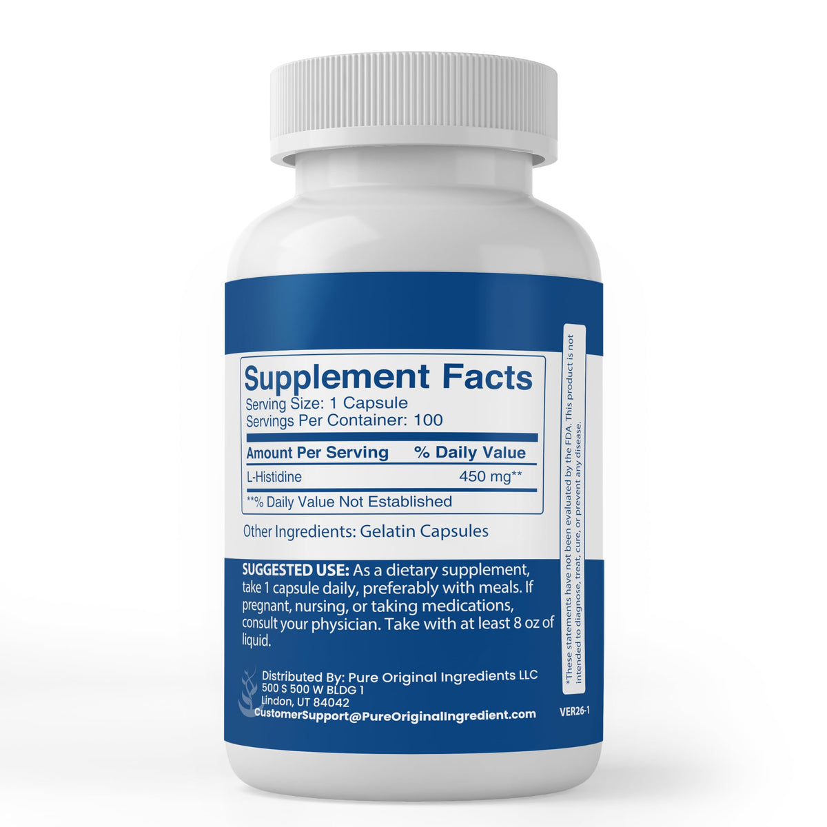 Flacon des capsules L-Histidine de PURE ORIGINAL INGREDIENTS