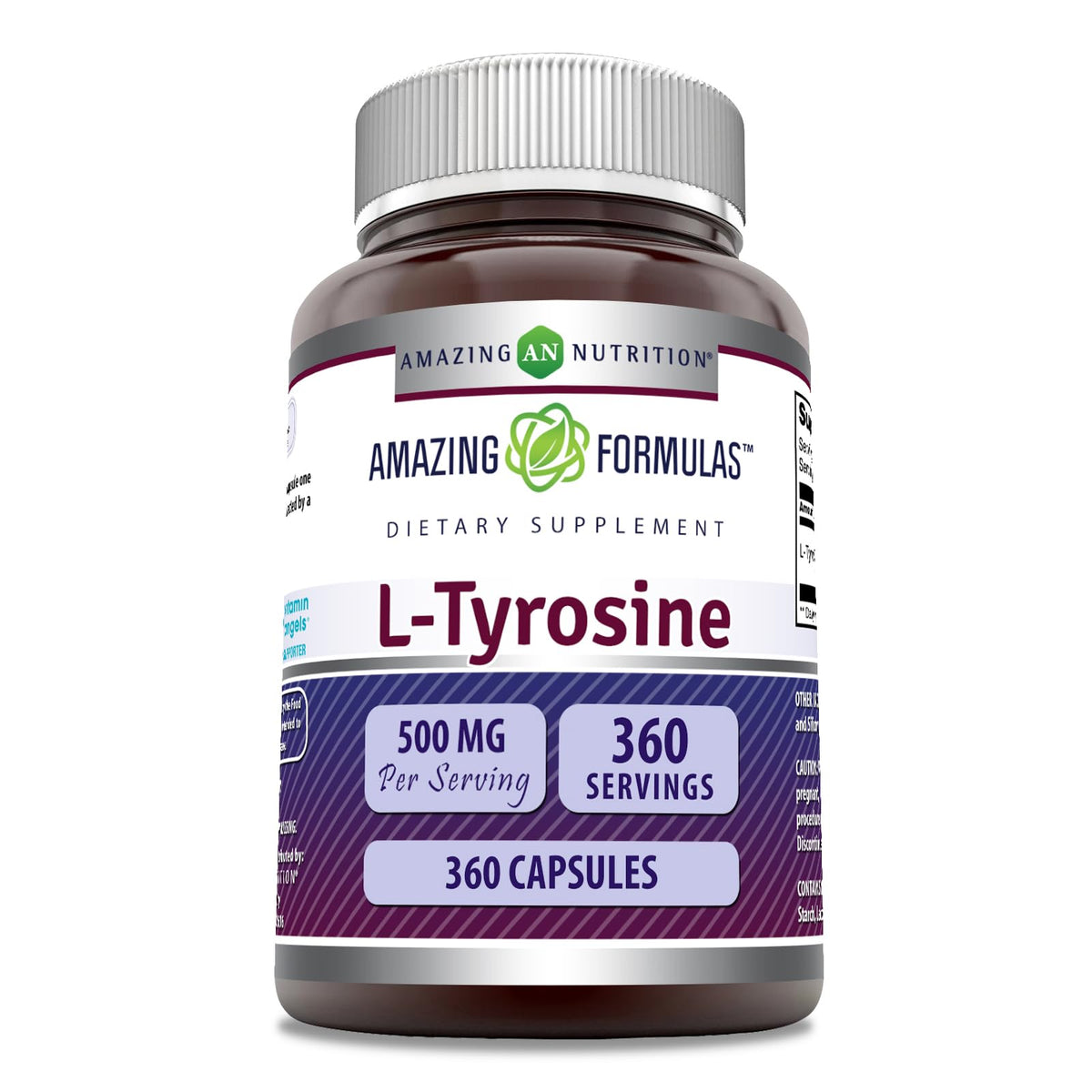 Flacon des capsules L-Tyrosine 500 mg d'Amazing Nutrition vue de face