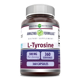 Flacon des capsules L-Tyrosine 500 mg d'Amazing Nutrition vue de face