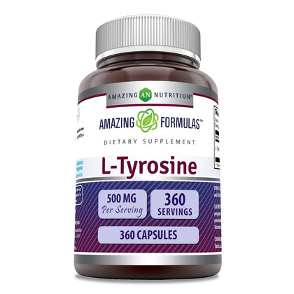 Flacon des capsules L-Tyrosine 500 mg d'Amazing Nutrition vue de face