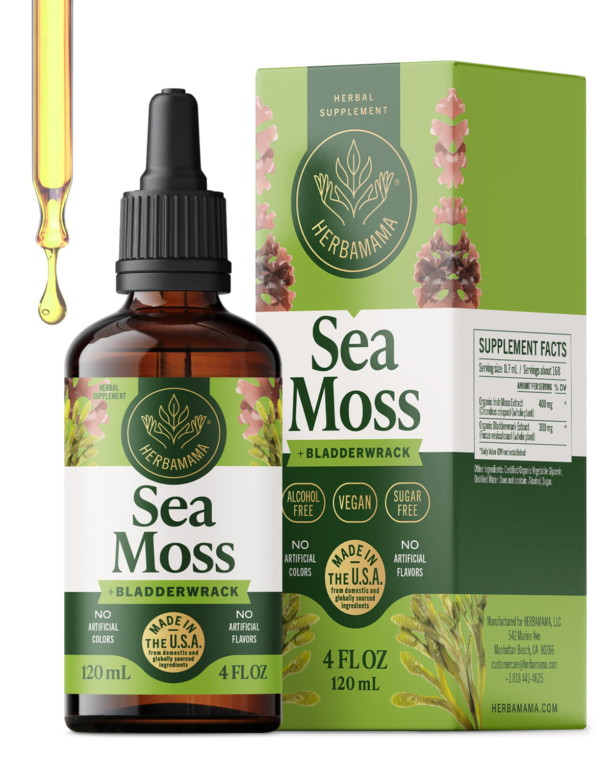 Flacon des gouttes d'Irish Sea Moss HERBAMAMA vue de face