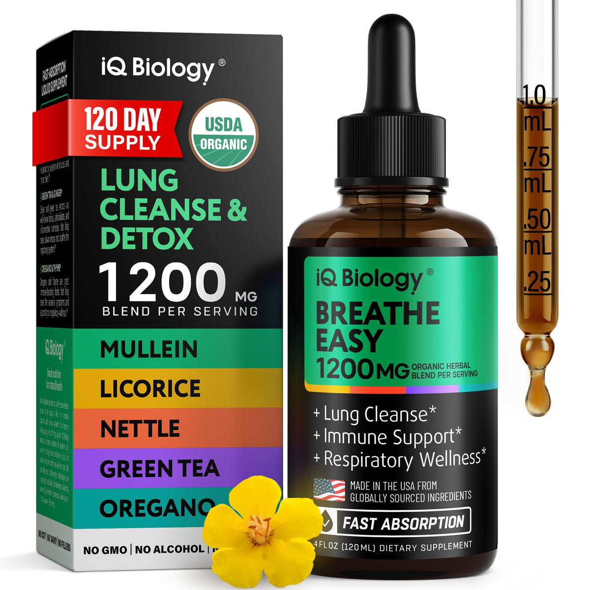 Flacon des gouttes de Mullein IQ BIOLOGY 4oz avec étiquette