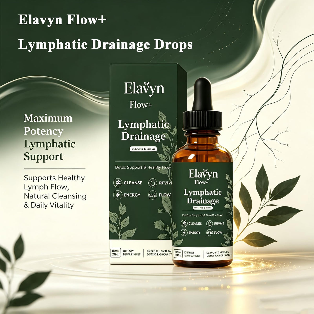 Flacon des gouttes drainantes lymphatiques ELAVYN FLOW+ avec étiquette