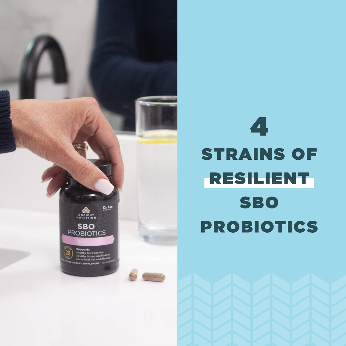 Flacon des SBO Probiotics Femmes ouvert, montrant les capsules à l'intérieur