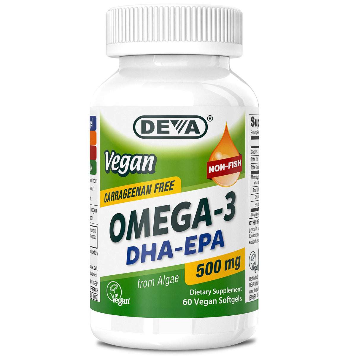 Flacon DEVA Omega-3 Végétal DHA-EPA 500mg vue de face
