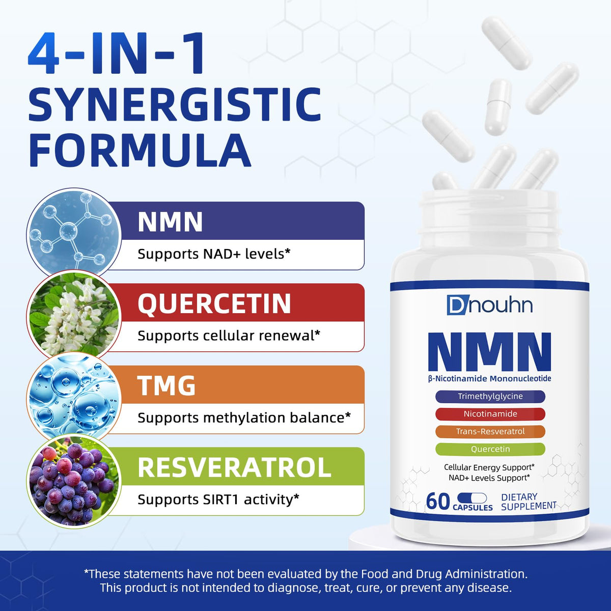 Flacon DNOUHN NMN 1000mg sur une table, éclairage naturel