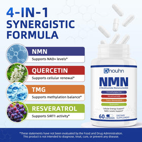 Flacon DNOUHN NMN 1000mg sur une table, éclairage naturel