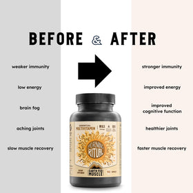Flacon Earth Fed Muscle Multivitamine Matinale à côté d'un verre d'eau