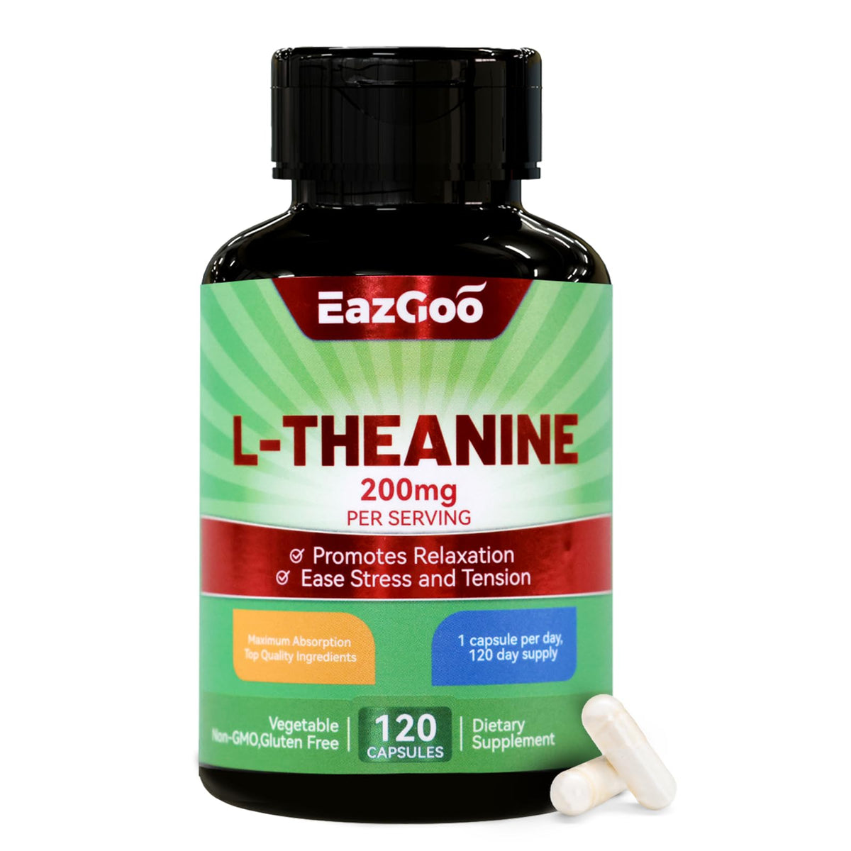 Flacon EAZGOO L-Théanine 200mg 120 capsules végétales vue de face