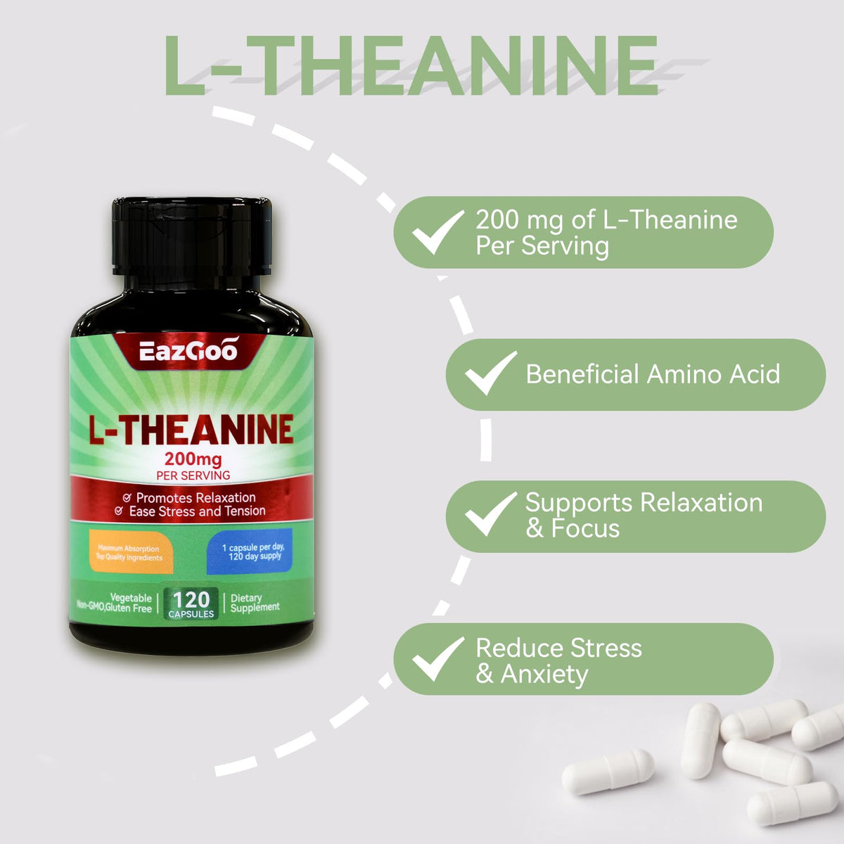 Flacon EAZGOO L-Théanine ouvert avec capsules visibles