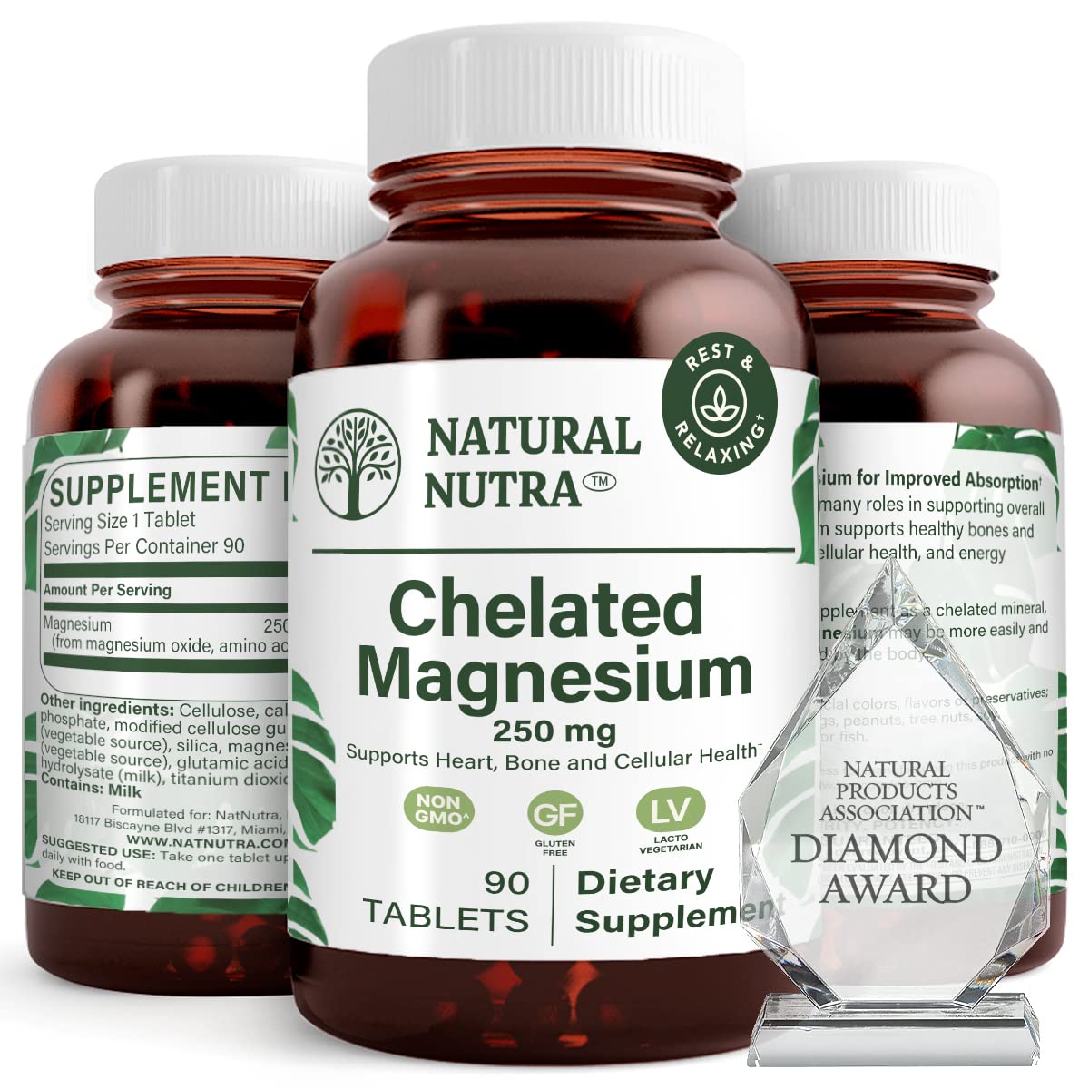 Flacon en verre ambré contenant des comprimés de Magnésium Chélaté 250mg Natural Nutra