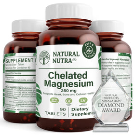 Flacon en verre ambré contenant des comprimés de Magnésium Chélaté 250mg Natural Nutra
