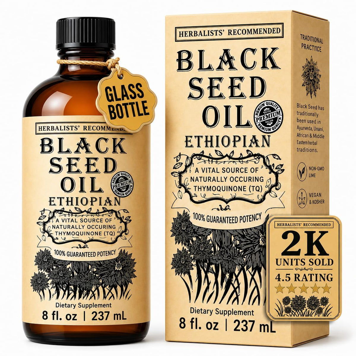 Flacon en verre ambré d'huile de graines noires éthiopienne Herbal Organic Works