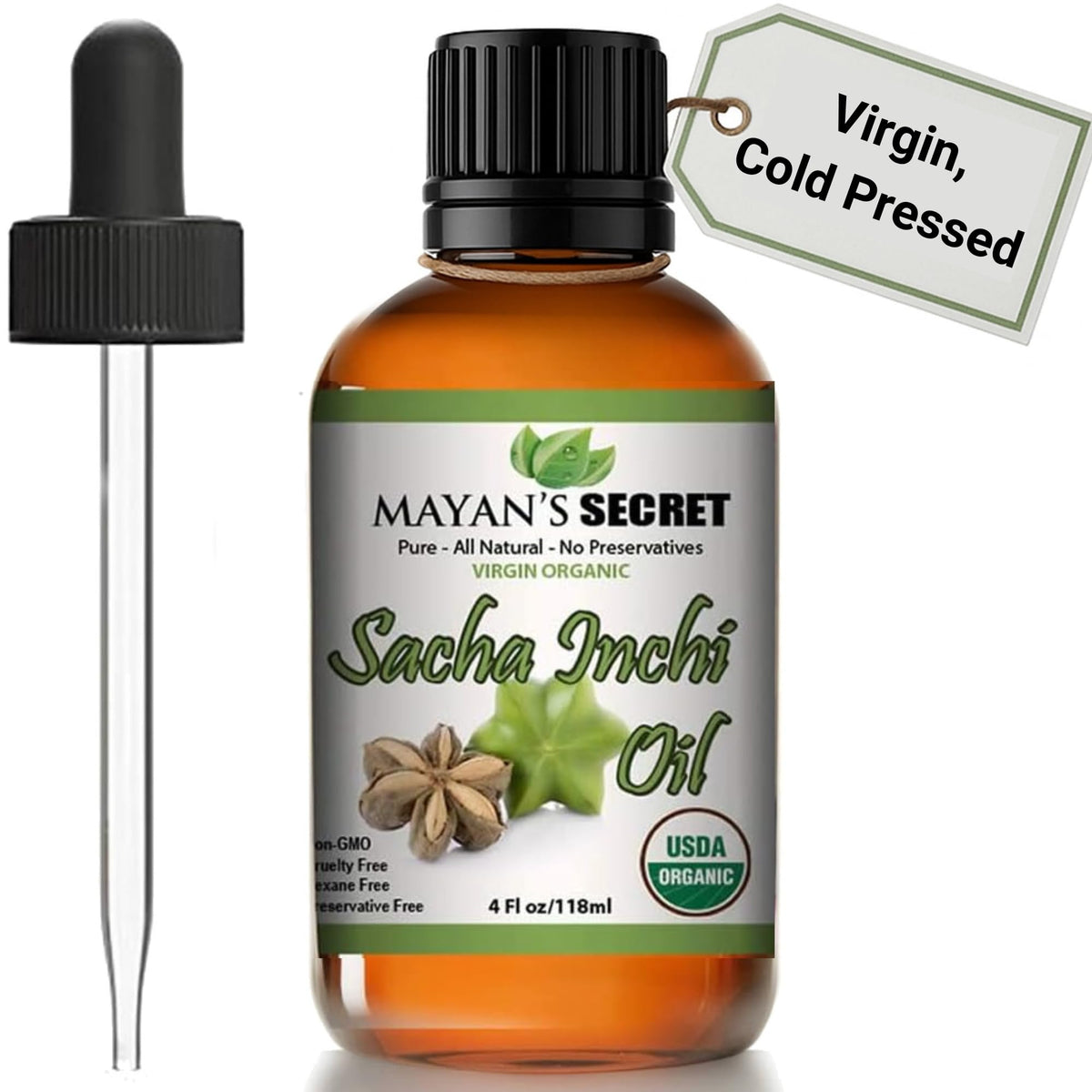 Flacon en verre ambré de 120ml d'huile de sacha inchi bio Mayan's Secret