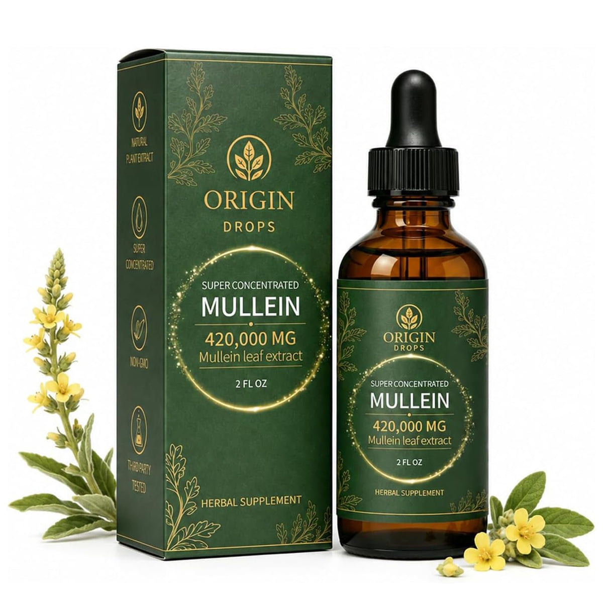 Flacon en verre ambré de 60 mL de Gouttes de Mullein Super Concentrées d'Origin Drops