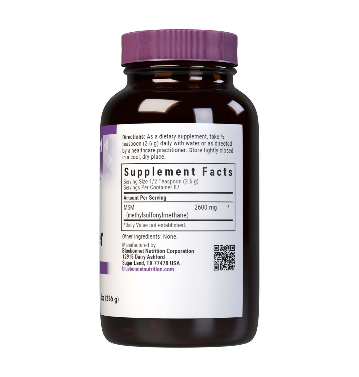 Flacon en verre ambré de BlueBonnet MSM 2600 mg