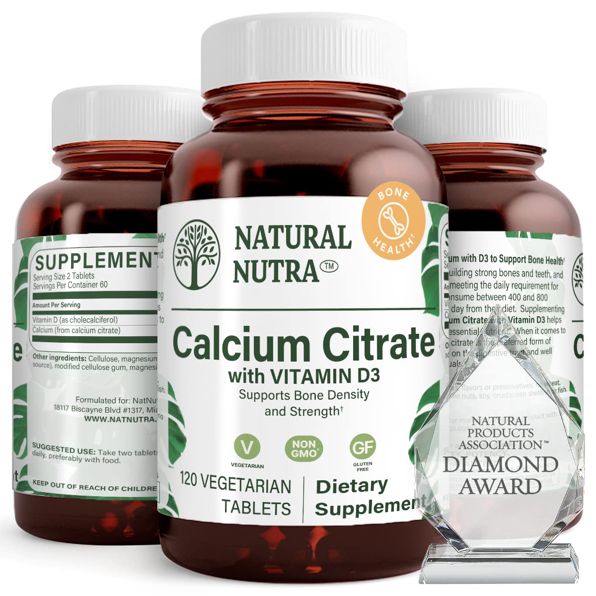 Flacon en verre ambré de citrate de calcium avec vitamine D3 Natural Nutra