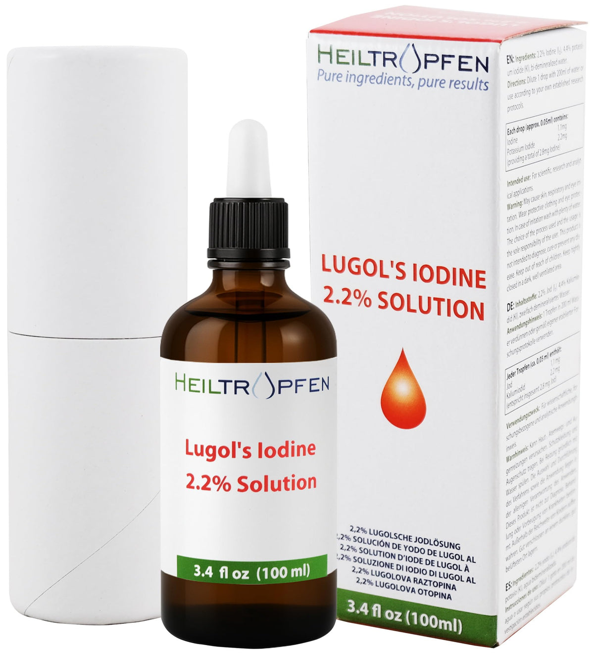 Flacon en verre ambré de la Solution Iodée Lugol 2,2% de Heiltropfen 100ml