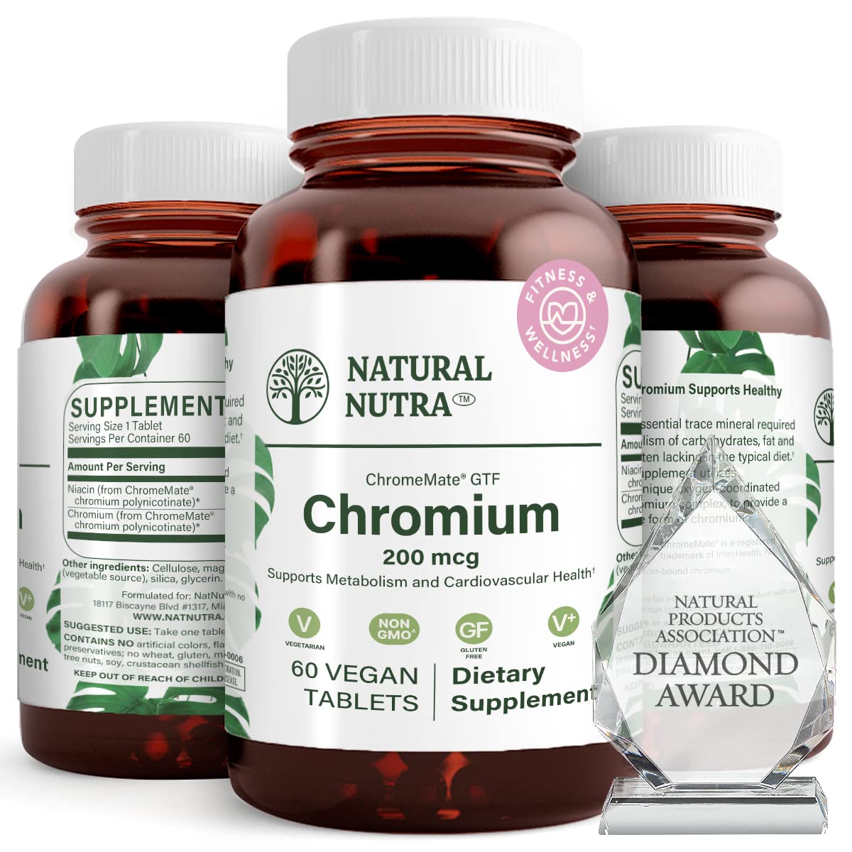 Flacon en verre ambré de Natural Nutra Chrome Polynicotinate 200 mcg, vue de face