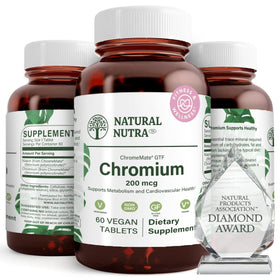 Flacon en verre ambré de Natural Nutra Chrome Polynicotinate 200 mcg, vue de face