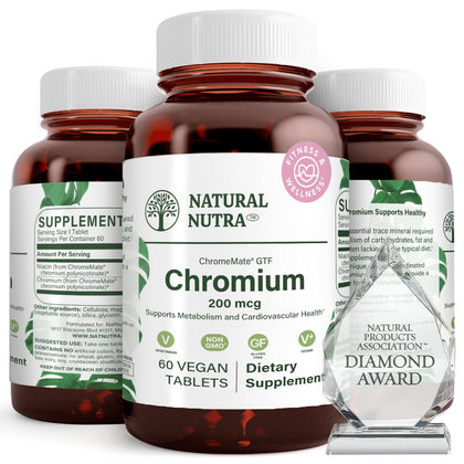 Flacon en verre ambré de Natural Nutra Chrome Polynicotinate 200 mcg, vue de face
