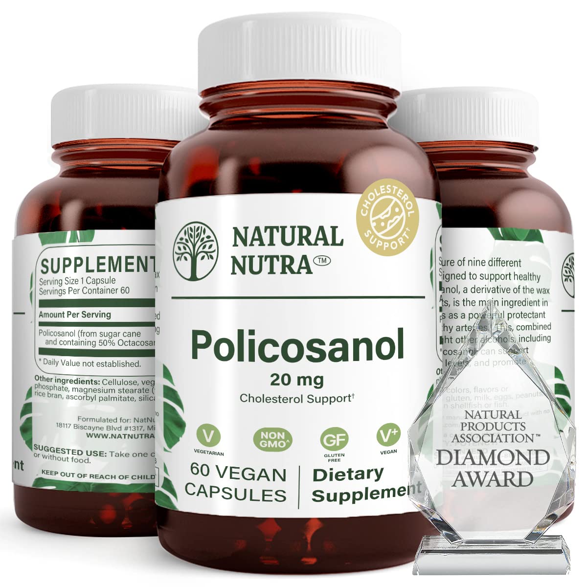 Flacon en verre ambré de Policosanol 20mg Natural Nutra avec 60 gélules végétaliennes