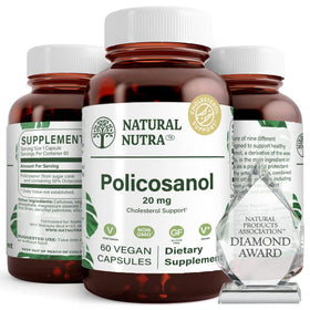 Flacon en verre ambré de Policosanol 20mg Natural Nutra avec 60 gélules végétaliennes