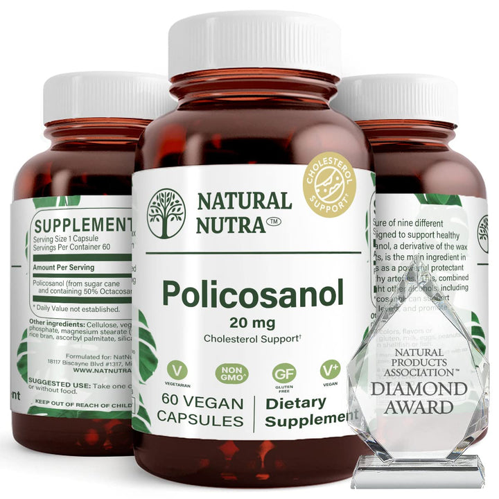Flacon en verre ambré de Policosanol 20mg Natural Nutra avec 60 gélules végétaliennes