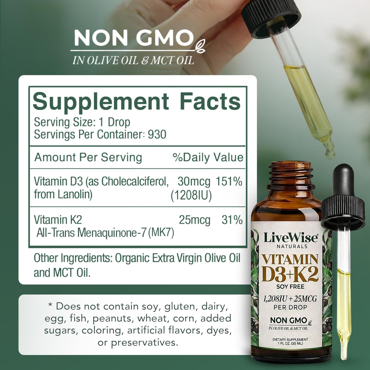 Flacon en verre ambré de vitamine D3 K2 Live Wise Naturals