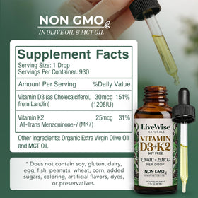 Flacon en verre ambré de vitamine D3 K2 Live Wise Naturals