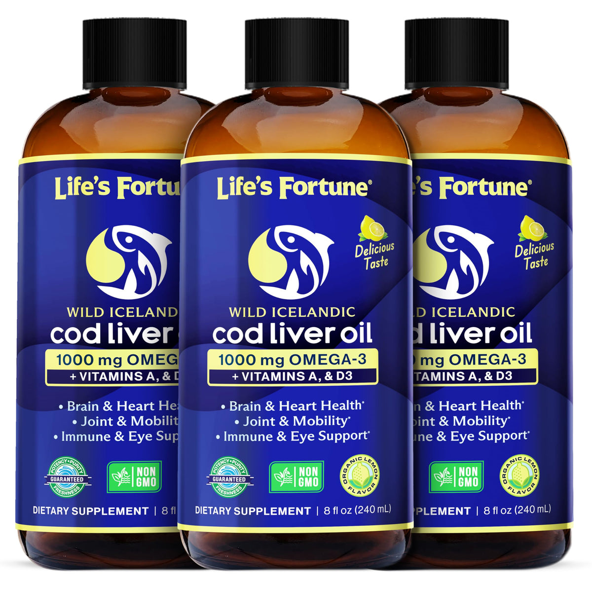 Flacon en verre d'huile de foie de morue bio Life's Fortune 240 ml