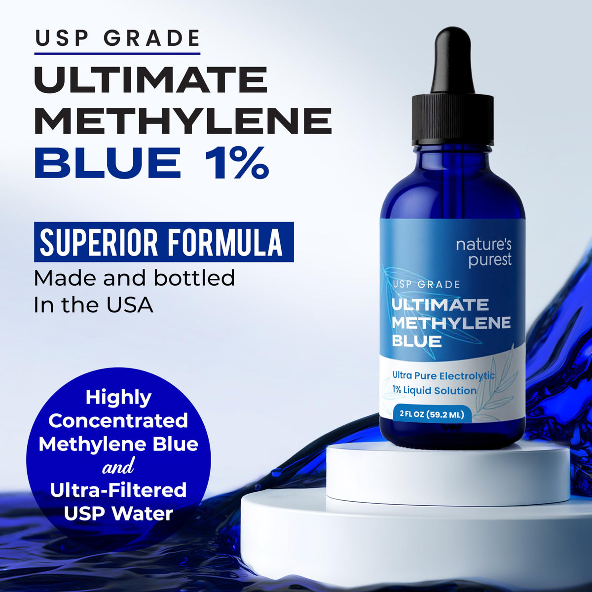 Flacon en verre de bleu de méthylène avec compte-gouttes